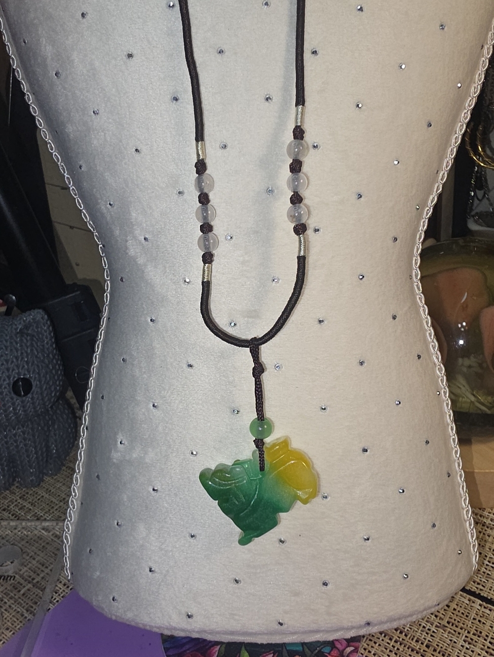 Green and Yellow Jade Fish Pendant Necklace